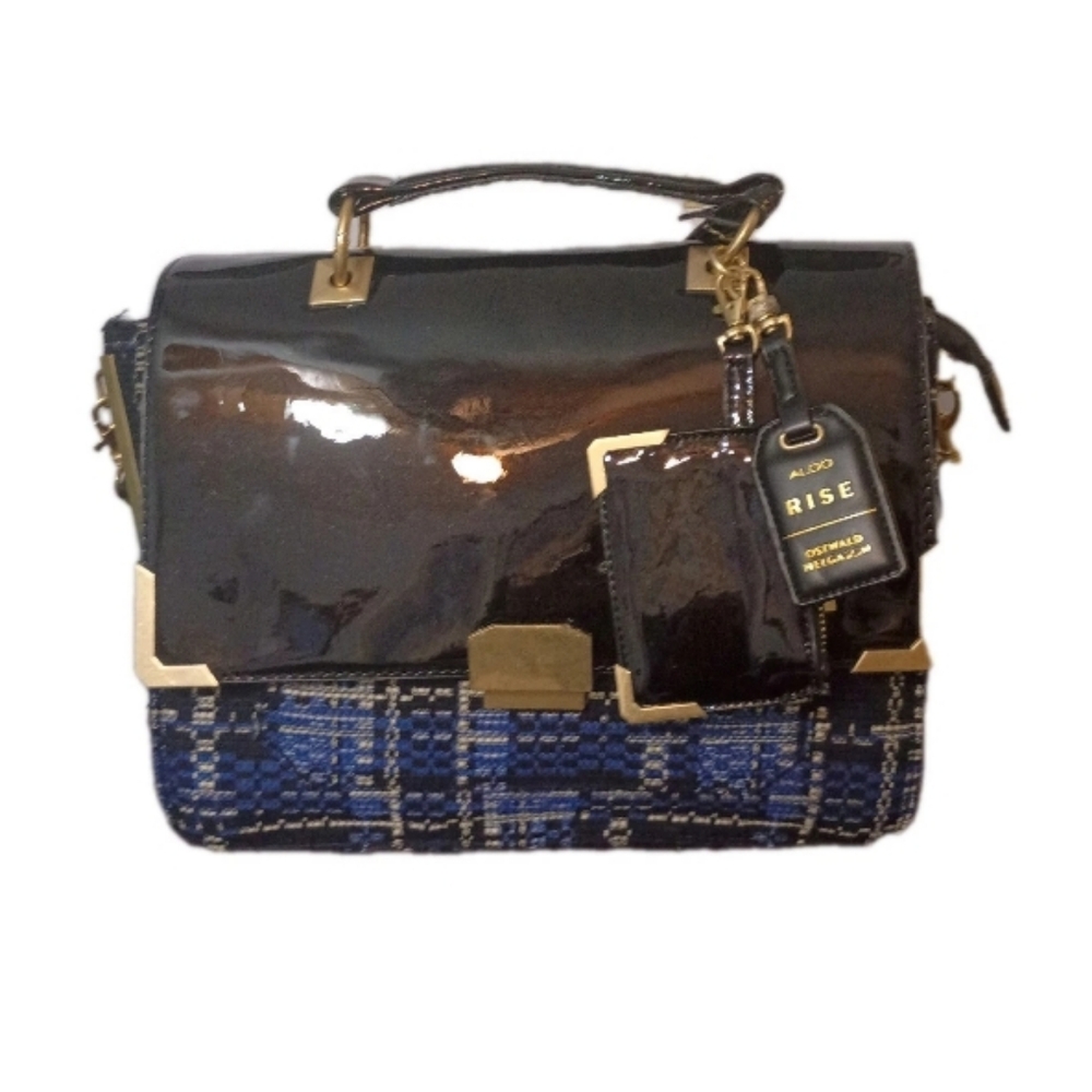 Aldo Rise Blue Tweed Crossbody Bag Pattern Leather Trim Purse